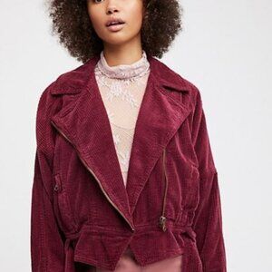 Free People Burgundy Slouchy Moto Corduroy Dolman Zip Jacket Large